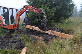 Installing sheet piling planks with a small excavator (Kriegswiese Meadow 2014)